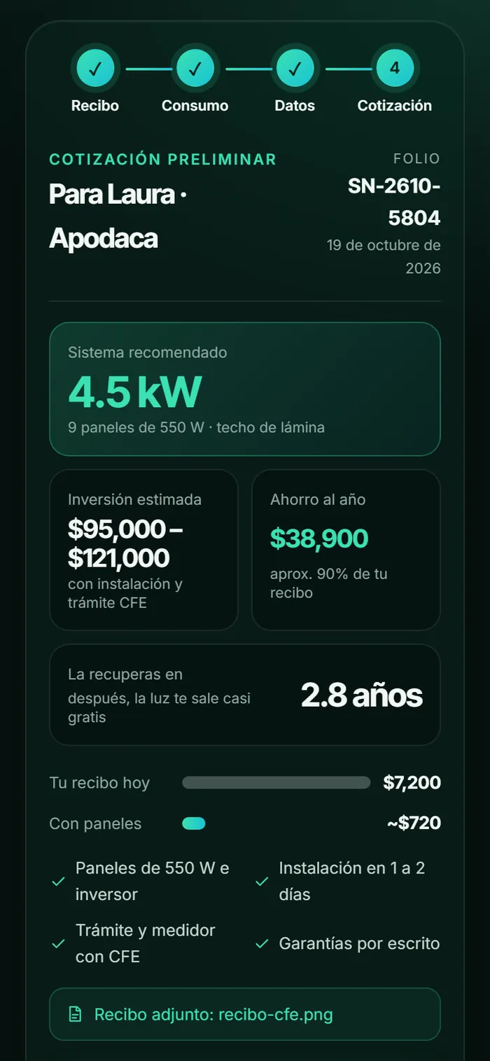 Cotizador con recibo de luz de la página de prueba visto en celular